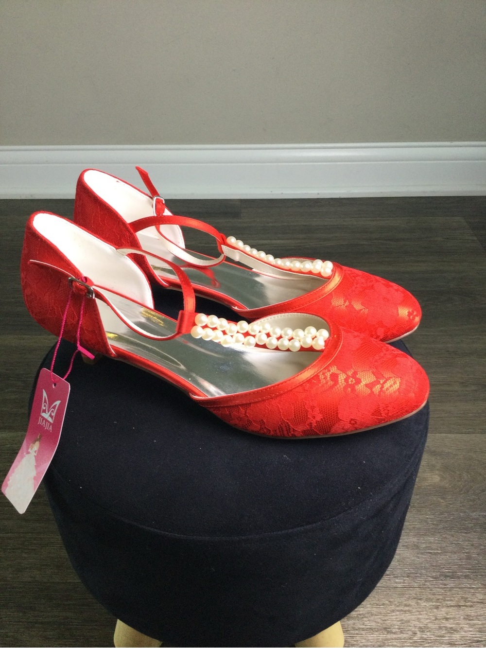 Women's Red Lace Pearl-Trim down the middle